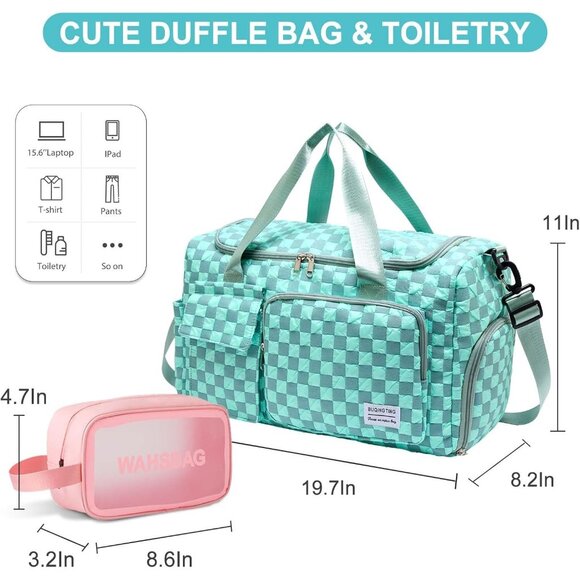 Women Blue Checkered Small Gym Carry On Weekender Travel Shoe Compartment Bag - Picture 2 of 6